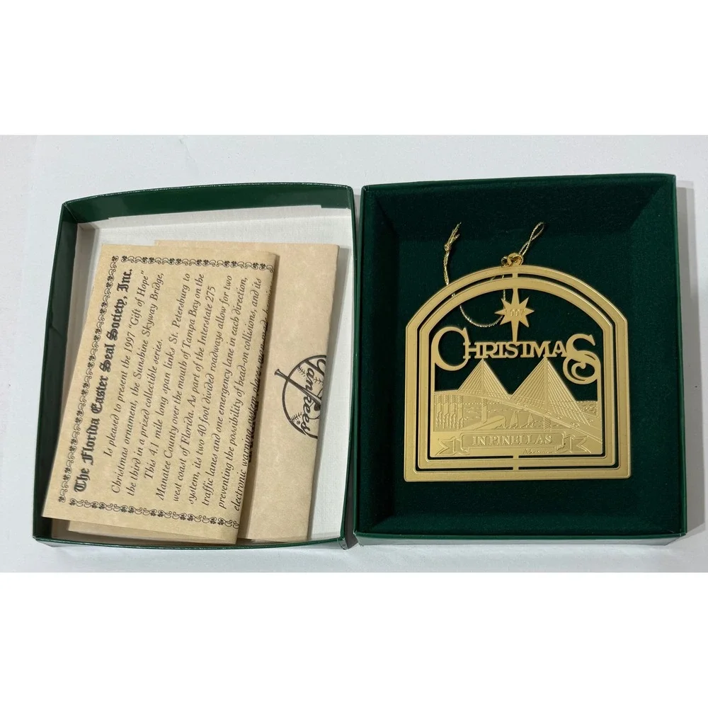 1997 Florida Easter Seal Society 24k Gold Skyway Bridge Christmas Ornament Boxed